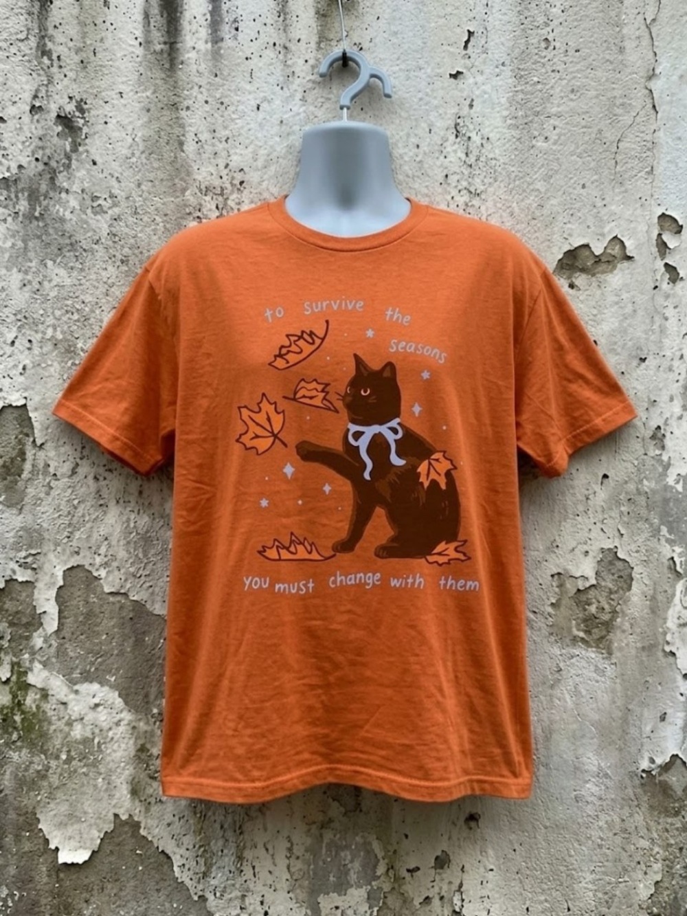 Autumn Black Cat Falling Leaves Graphic T-Shirt Gildan 5000 Heavy Cotton Tee